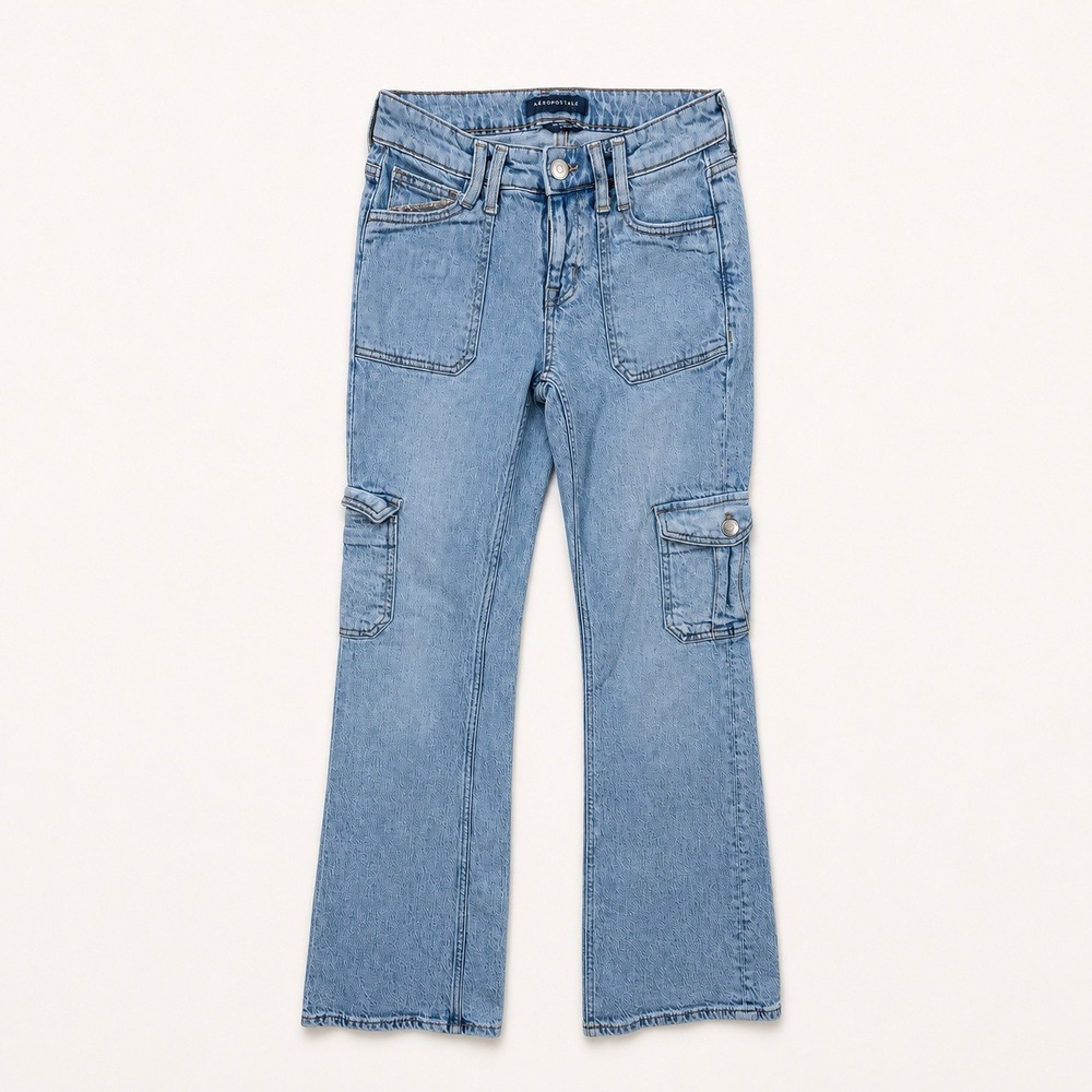 Aeropostale Mid Rise Flare Utility Cargo Jeans 00R Light Wash Stretch Denim